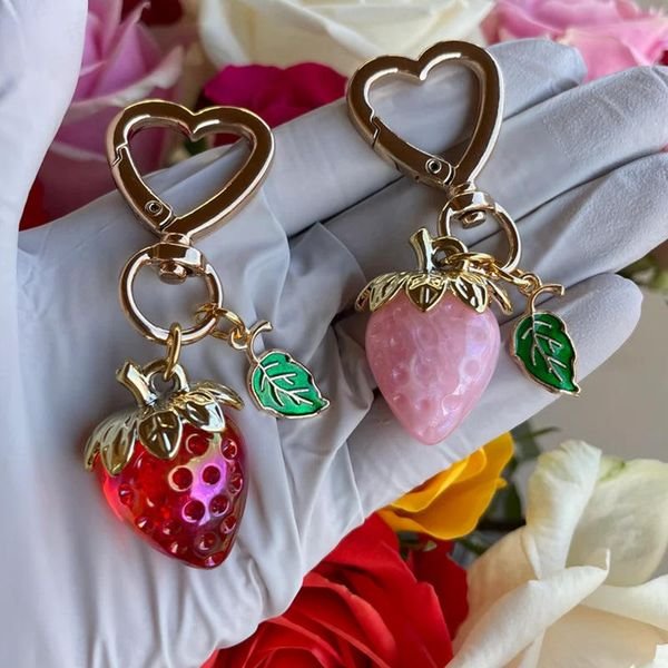 Cute Strawberry Keychain Bag Charms Kawaii Heart Flower Key Chains Accessories Decor for Girls Purse Gifts