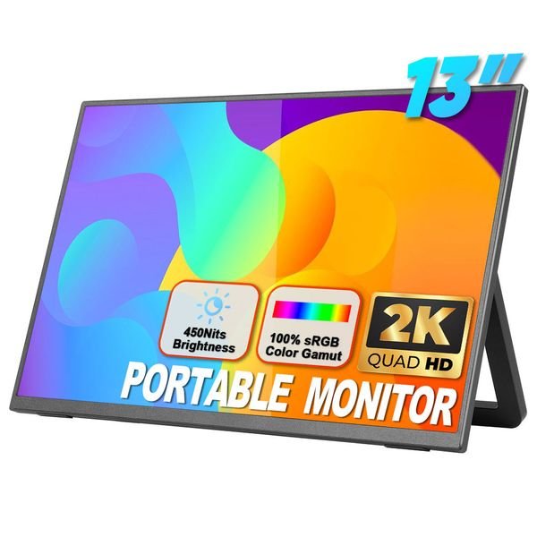 SIBOLAN Portable Monitor 13 Inch 2K 2160X1350 100% SRGB Travel Monitor HD USB-C Portable Monitor for Laptop with Kickstand VESA
