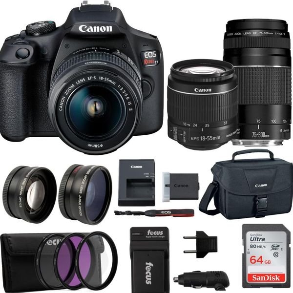 New Sales Rebel T7 DSLR Camera With 2 Lens Kit With EF18-55mm + EF 75-300mm Lens Black